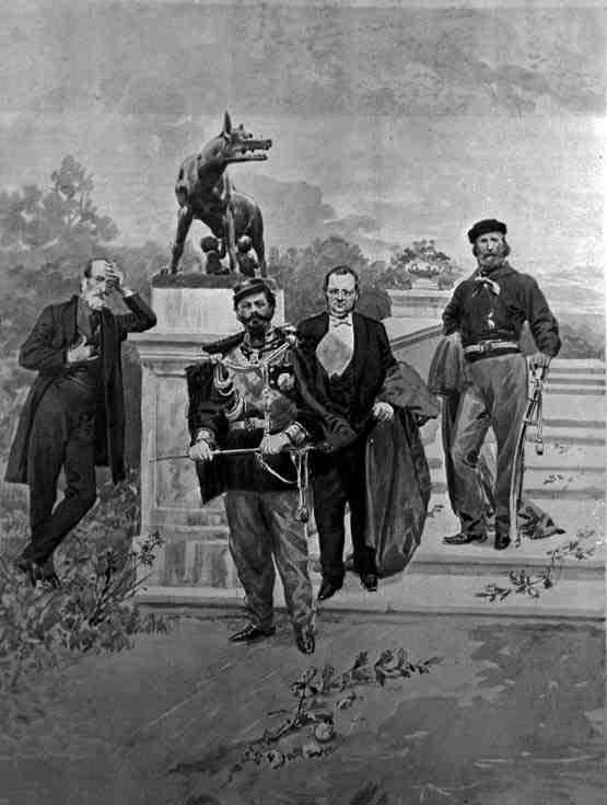 I quattro principali protagonisti dell’unità italiana: Giuseppe Mazzini, Vittorio Emanuele II, Camillo Benso Conte di Cavour e Giuseppe Garibaldi (Archivio Farabola)