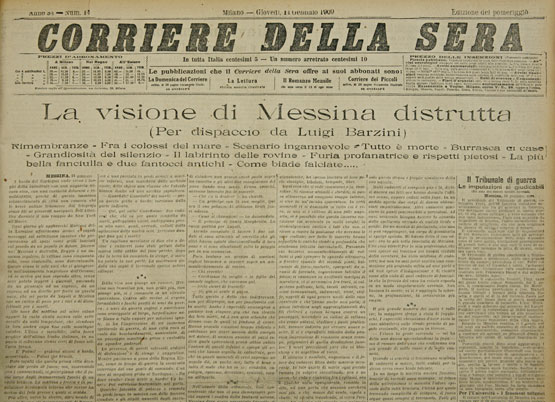 La prima pagina del Corriere della Sera del 14 gennaio 1909