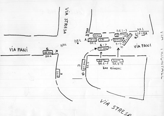 Disegni tracciati durante una delle deposizioni fatte al giudice Ferdinando Imposimato da Valerio Morucci. Le lettere indicano le autovetture impiegate dai terroristi (in totale cinque). I numeri, preceduti dalle lettere BR, i brigastisti (Ansa)